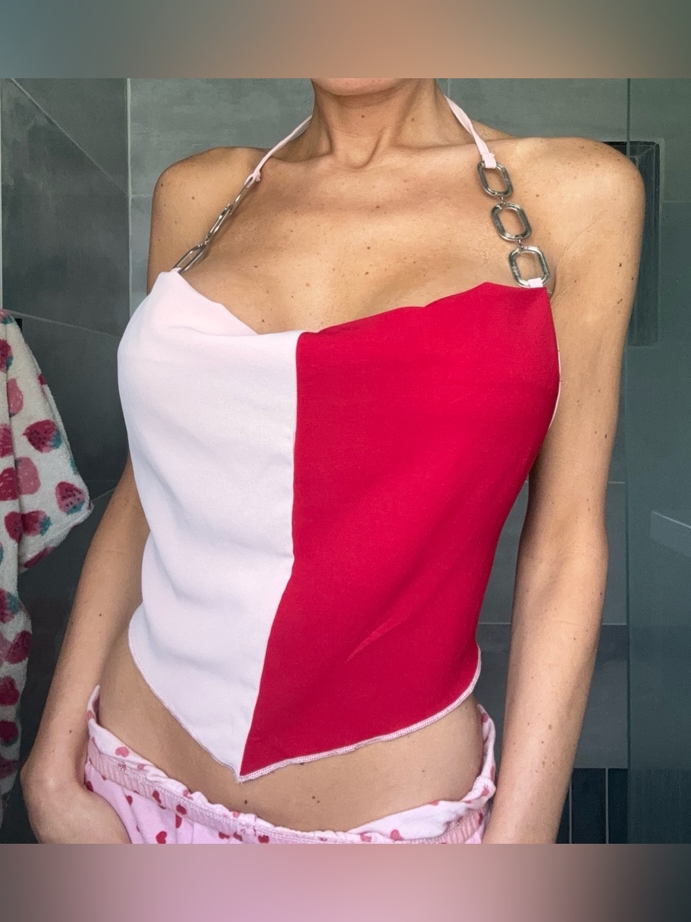 Chain-Halter Pink & Red Backless Top